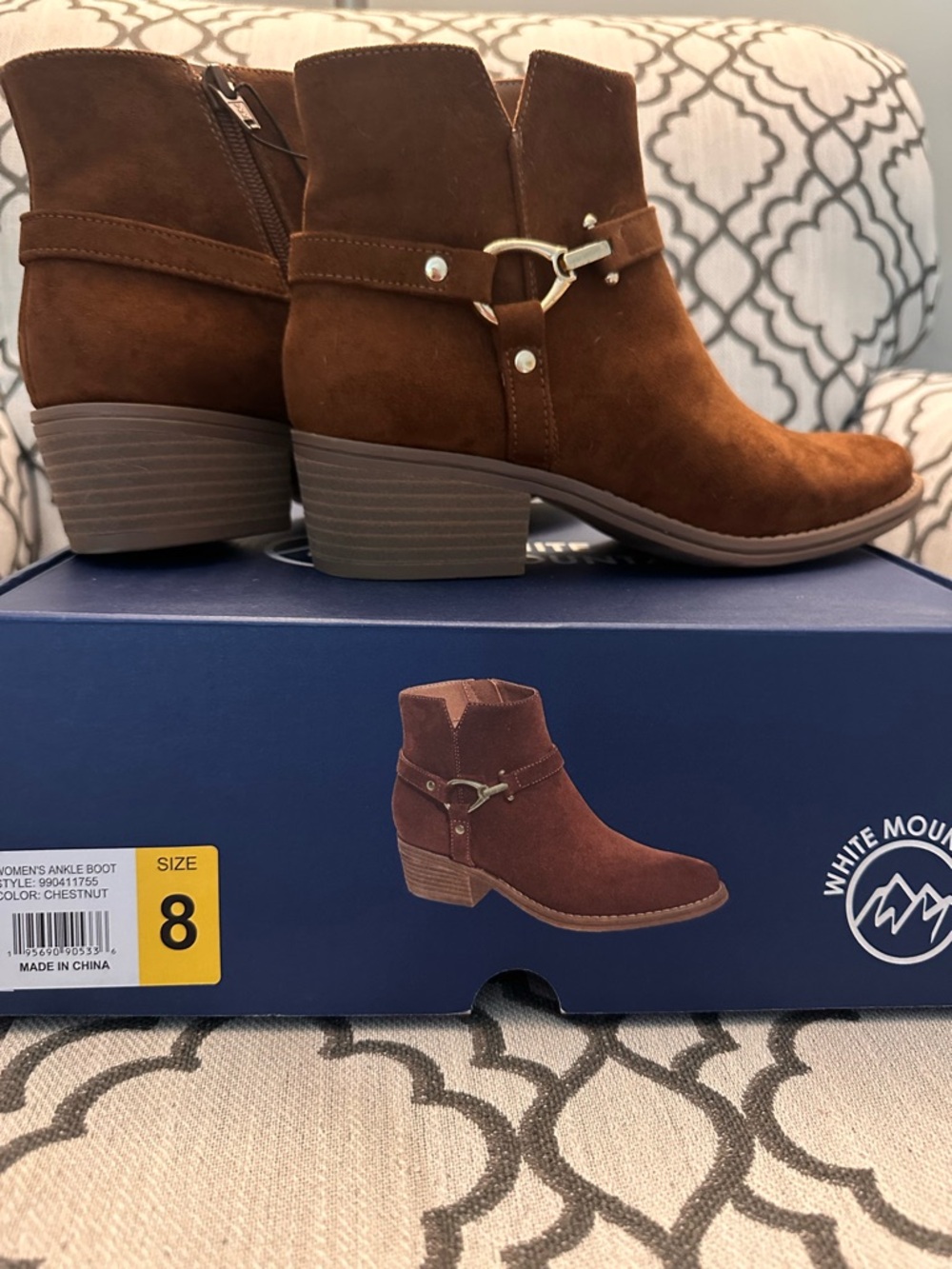White Mountain Chestnut Suede Ankle Booties with Gold Accent